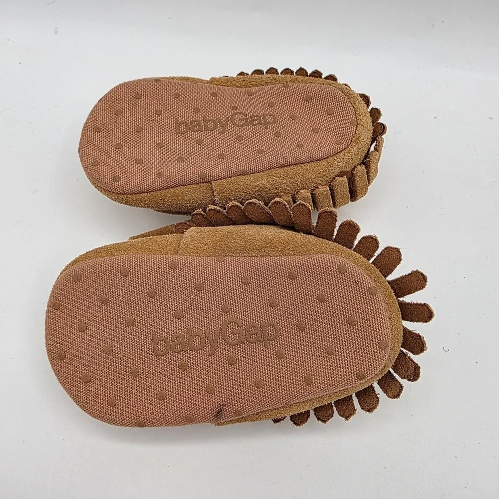 Baby Gap Brown‎ Faux Suede Fringe Bow Moccasin Soft Sole Shoes Baby Girls 2